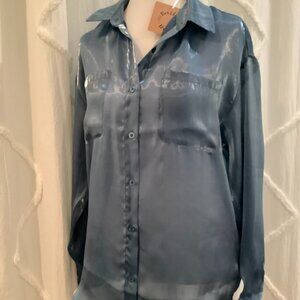 Sheer & Shiny blue long-sleeve oversized shirt